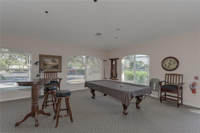 rec room featuring light carpet and billiards