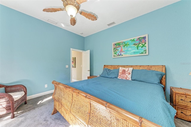 bedroom featuring ceiling fan and light colored carpet