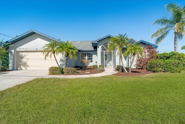 ranch-style house featuring a garage and a front yard