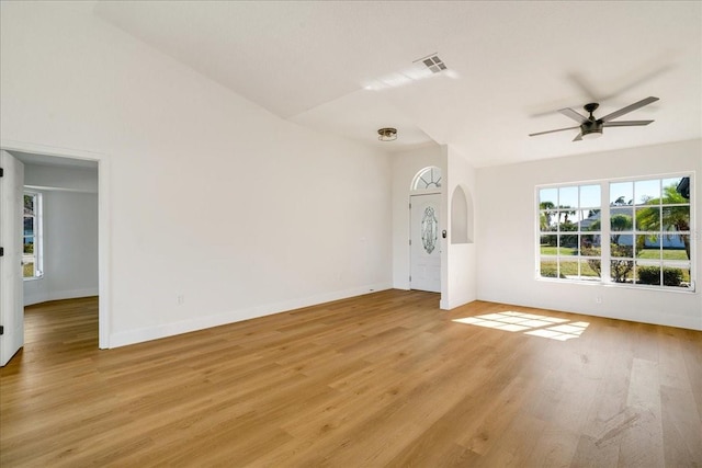 unfurnished room with ceiling fan and light hardwood / wood-style floors