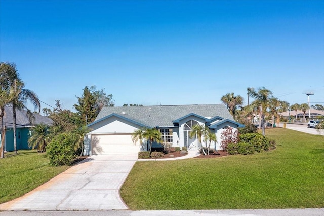 single story home featuring a garage and a front yard