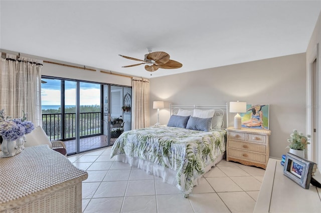 bedroom with ceiling fan, access to exterior, and light tile patterned floors