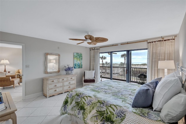 bedroom featuring access to outside, ceiling fan, and light tile patterned flooring