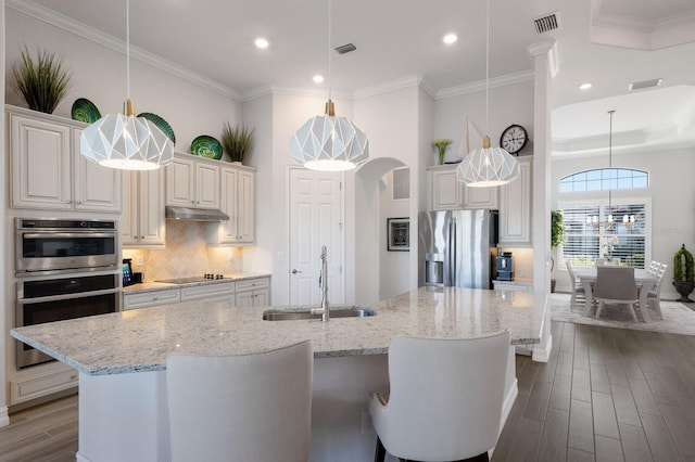 kitchen featuring stainless steel appliances, a kitchen island with sink, hanging light fixtures, and sink