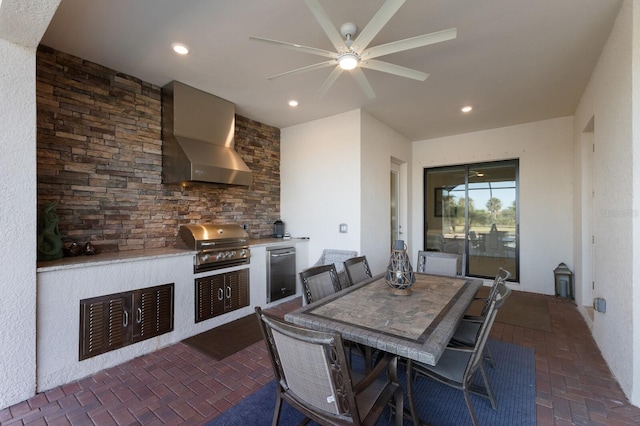 view of patio / terrace with ceiling fan, area for grilling, and grilling area