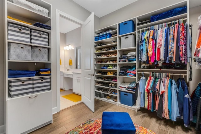 walk in closet with wood finished floors