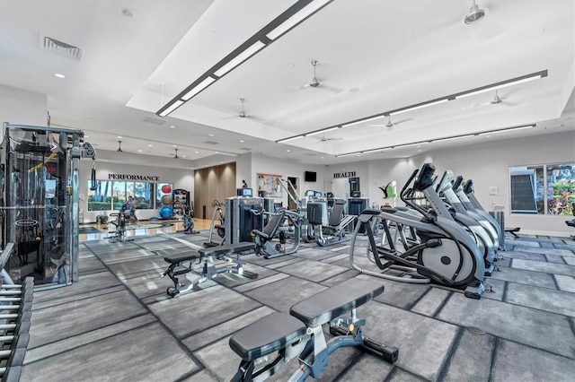 exercise room featuring visible vents and a ceiling fan