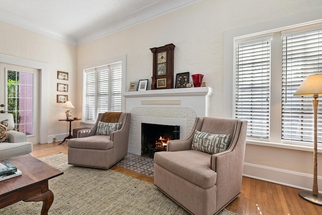 sitting room featuring wood-type flooring and ornamental molding