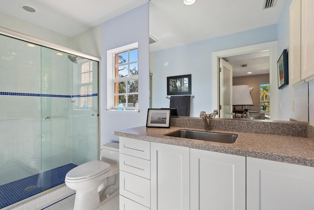 bathroom featuring tile patterned floors, walk in shower, vanity, and toilet