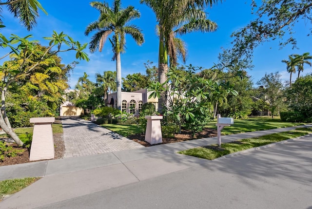 view of home's community featuring decorative driveway and a lawn