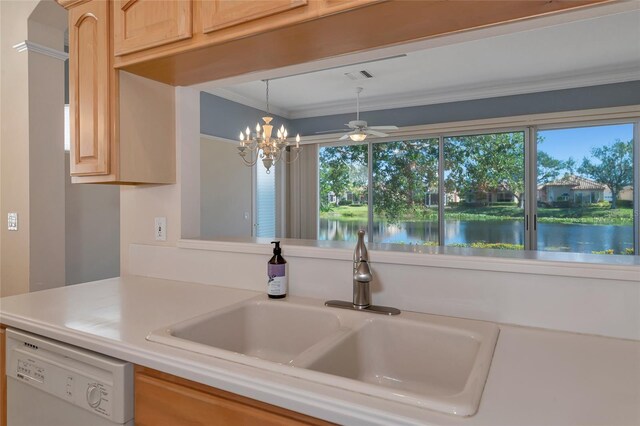 kitchen featuring dishwasher, light brown cabinetry, a water view, and a healthy amount of sunlight