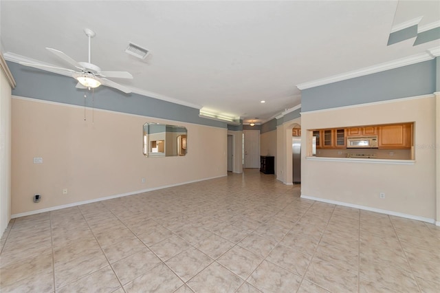 unfurnished living room with ceiling fan and crown molding