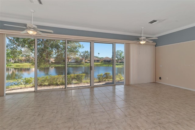 empty room with crown molding, a water view, and ceiling fan