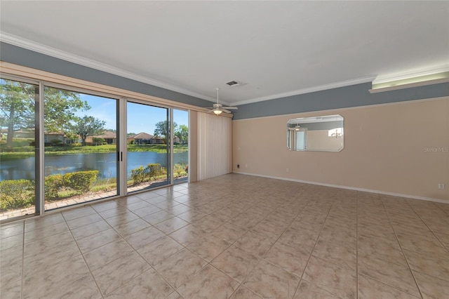 spare room with a water view, ceiling fan, and crown molding