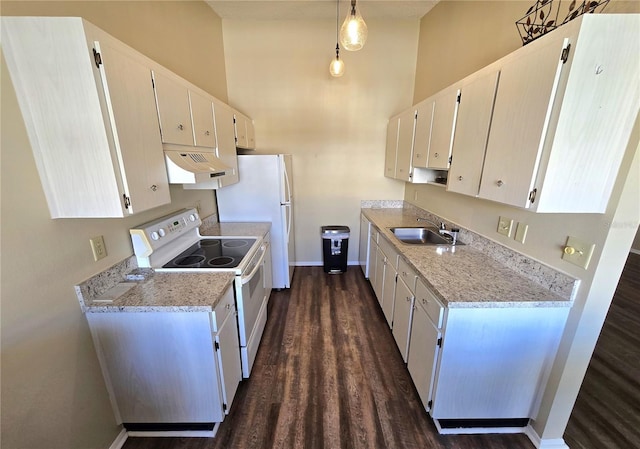 kitchen with white cabinetry, electric range, sink, and hanging light fixtures