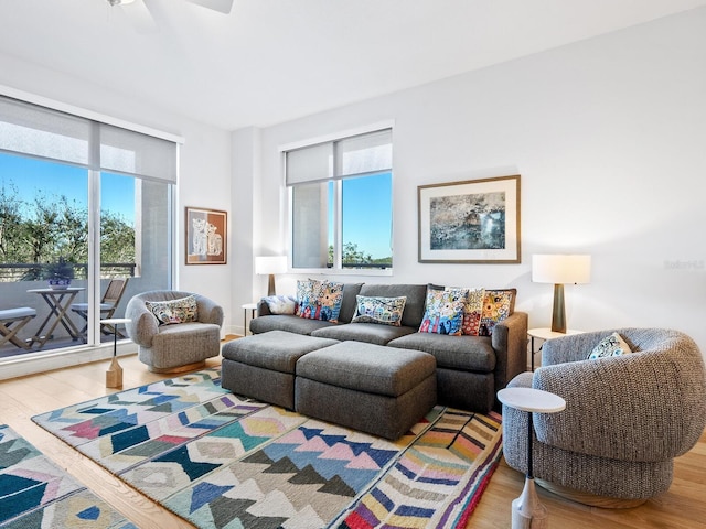 living room with ceiling fan, hardwood / wood-style floors, and plenty of natural light