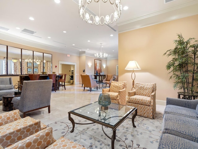 living room featuring crown molding and a notable chandelier