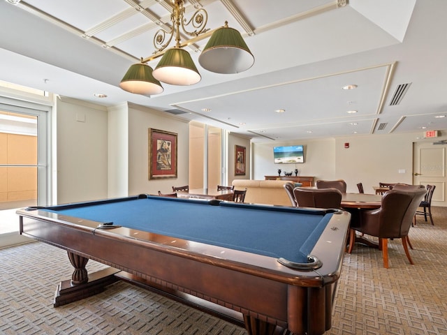 rec room featuring carpet floors and billiards