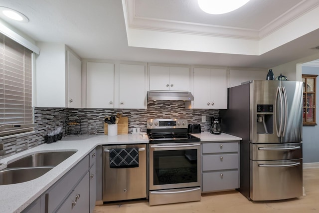 kitchen featuring backsplash, sink, ornamental molding, appliances with stainless steel finishes, and white cabinetry