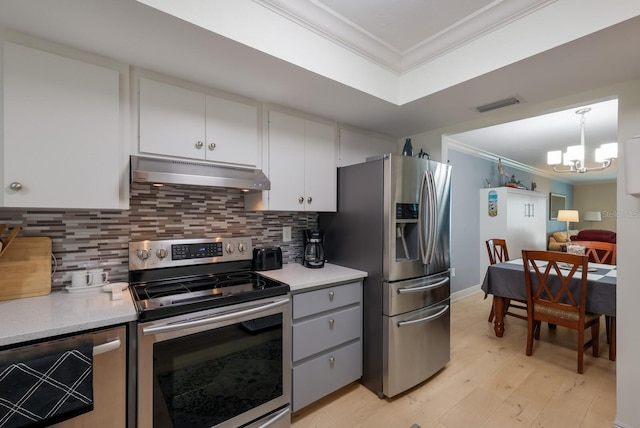 kitchen with decorative light fixtures, light wood-type flooring, stainless steel appliances, and ornamental molding