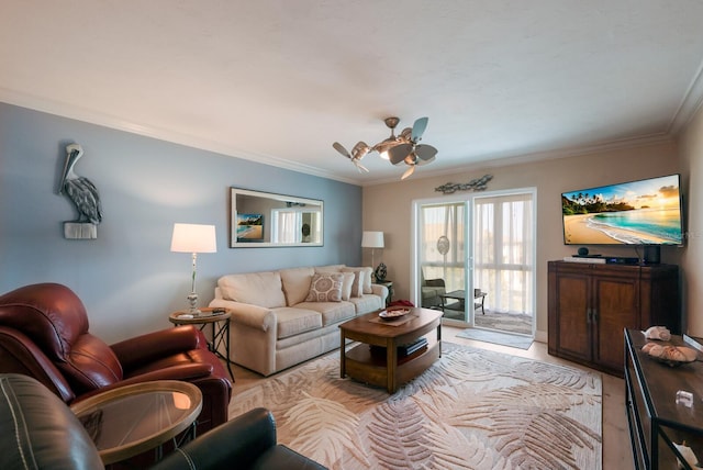 living room featuring light wood-type flooring and ornamental molding