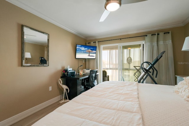 bedroom with hardwood / wood-style flooring, ceiling fan, and crown molding