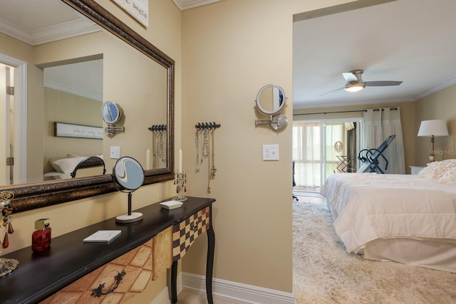 bedroom with ceiling fan and ornamental molding