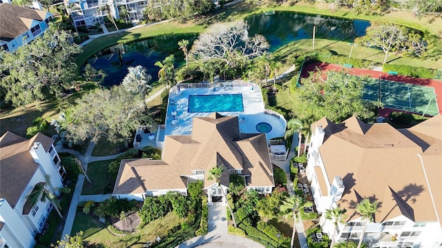 drone / aerial view featuring a water view