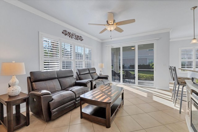 tiled living room featuring crown molding and ceiling fan