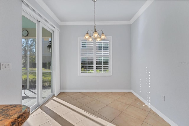 unfurnished dining area with a notable chandelier, plenty of natural light, light tile patterned flooring, and crown molding