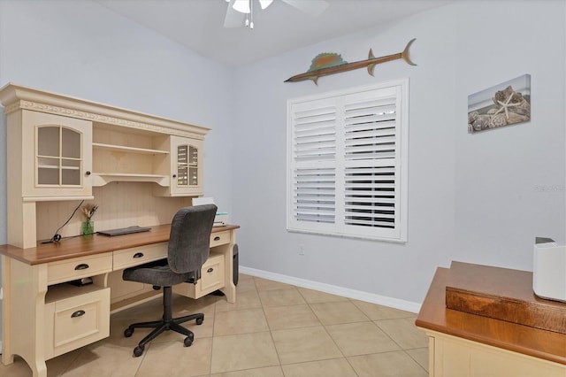 tiled office space with ceiling fan