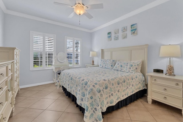 tiled bedroom featuring ceiling fan and ornamental molding