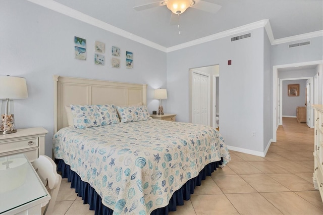 tiled bedroom with ceiling fan and crown molding