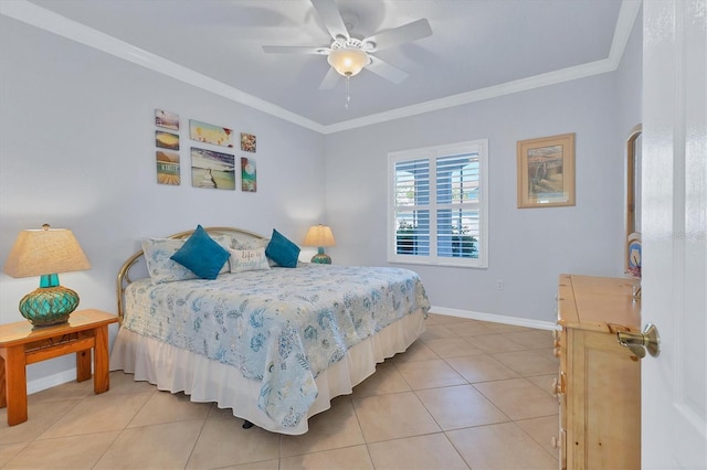 tiled bedroom featuring ceiling fan and crown molding