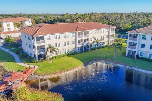 drone / aerial view featuring a water view