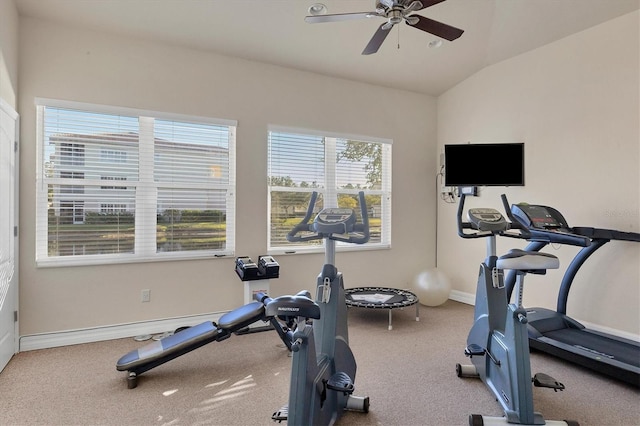 500 San Lino Cir Unit 511, Venice, FL 34292 - exercise room featuring a ceiling fan, vaulted ceiling, baseboards, and carpet