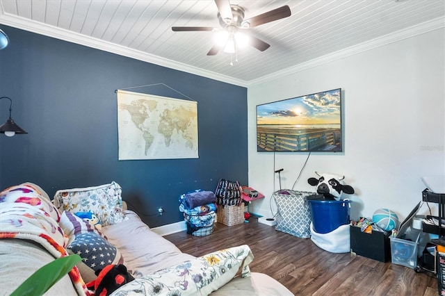 living room featuring ceiling fan, wooden ceiling, crown molding, and dark wood-type flooring