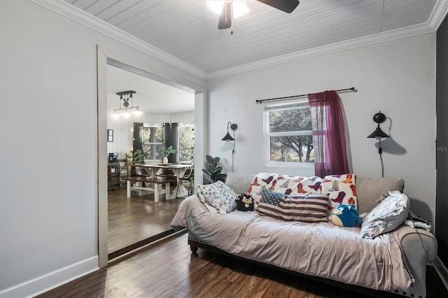 living room with hardwood / wood-style flooring, ceiling fan, wood ceiling, and crown molding