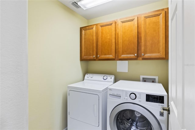 laundry area with cabinets and washing machine and clothes dryer