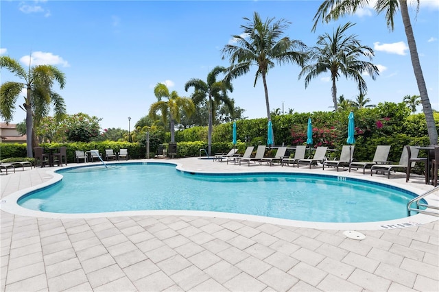 view of swimming pool featuring a patio area