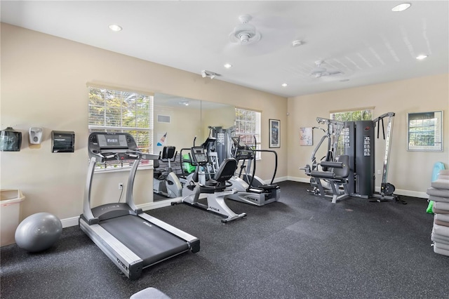 gym featuring ceiling fan