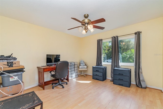 office area featuring ceiling fan and light hardwood / wood-style floors