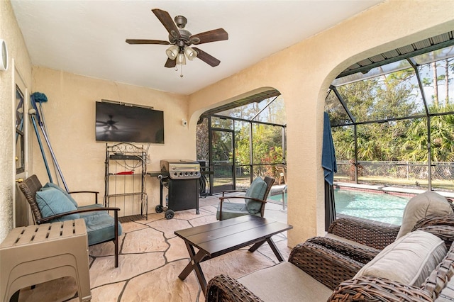 interior space featuring ceiling fan