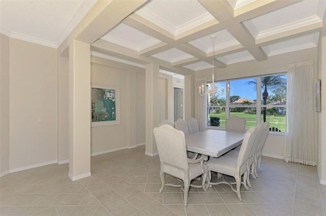 dining room featuring crown molding, beamed ceiling, light tile patterned floors, and coffered ceiling