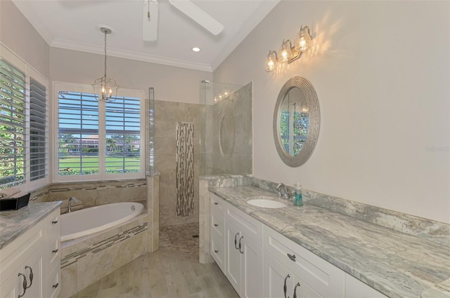 bathroom with vanity, plus walk in shower, crown molding, ceiling fan, and wood-type flooring