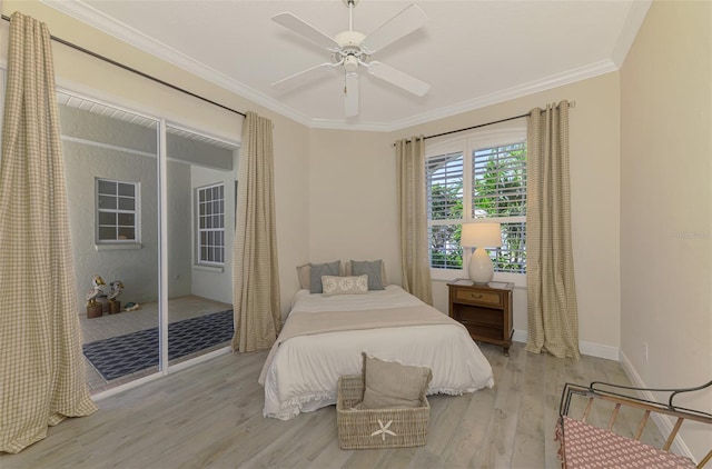 bedroom with access to exterior, ceiling fan, ornamental molding, and light wood-type flooring