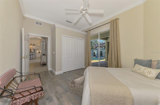 bedroom featuring access to outside, ceiling fan, ornamental molding, and hardwood / wood-style flooring