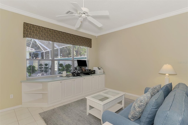 tiled living room featuring ceiling fan and ornamental molding