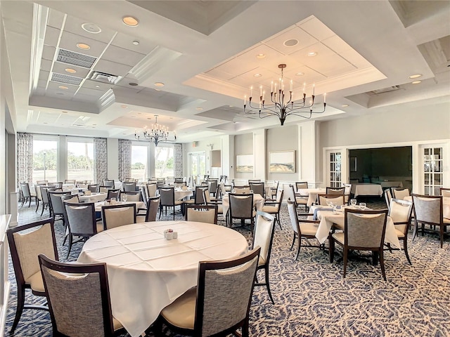 carpeted dining room with coffered ceiling and an inviting chandelier