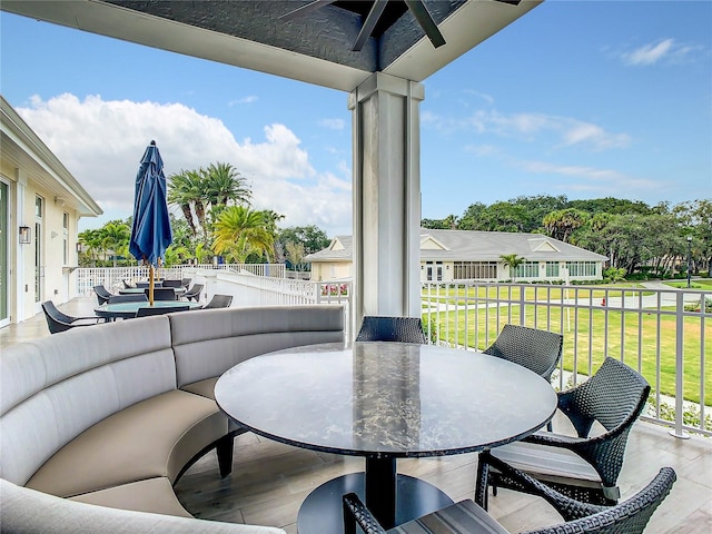 view of patio / terrace featuring ceiling fan and an outdoor hangout area